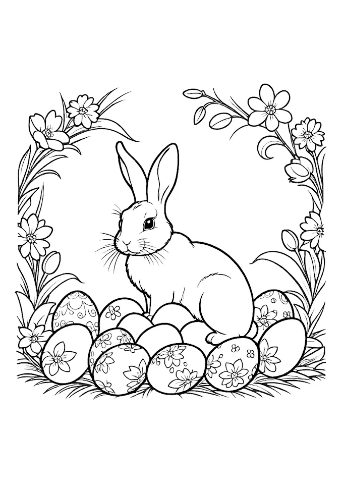 Adorable Bunny on Decorated Easter Eggs Coloring Page