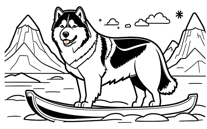 Dog on a boat with mountains and clouds, adult and children&#039;s coloring page
