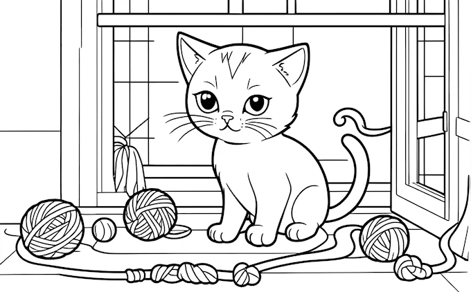 Cat sitting next to window and yarn balls, looking out, coloring page