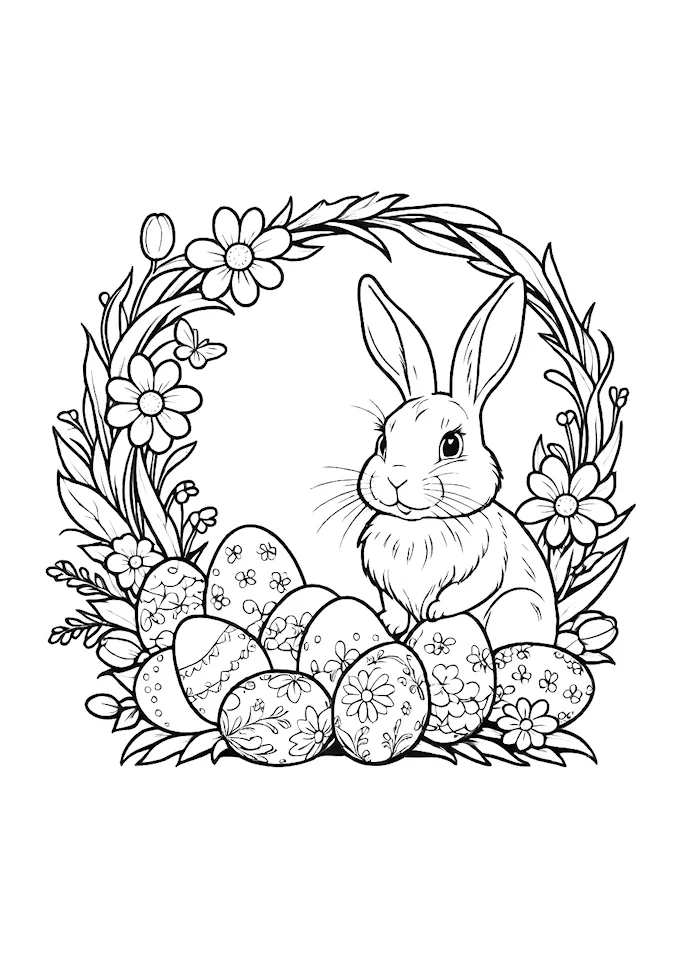 Bunny in an Easter basket with eggs and floral arrangements
