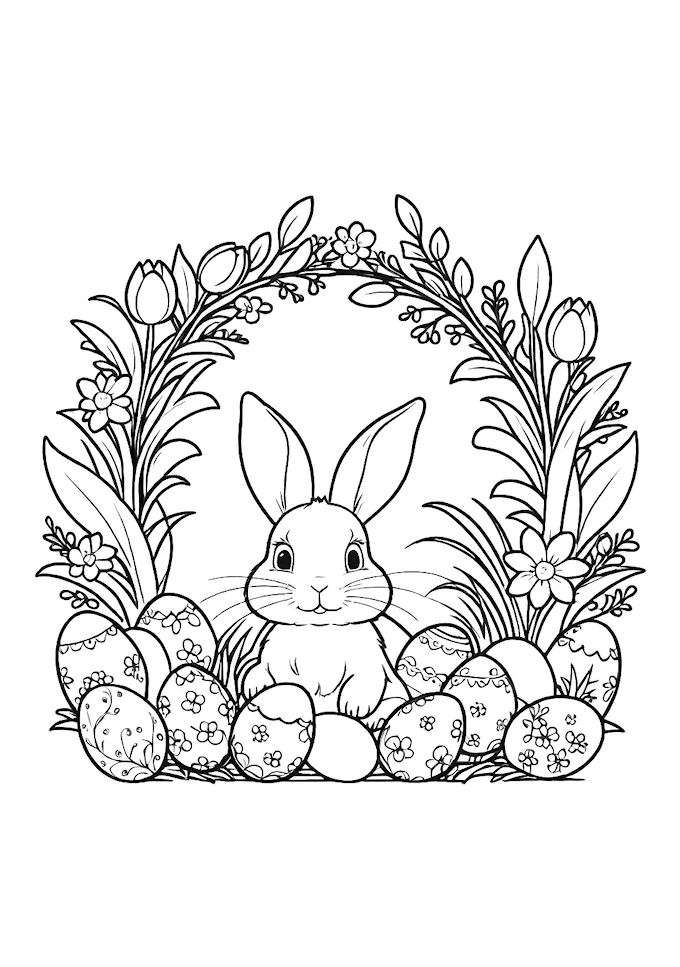 Bunny in egg-filled nest with festive Easter backdrop