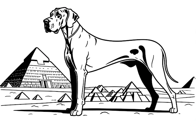 Dog standing in front of pyramids