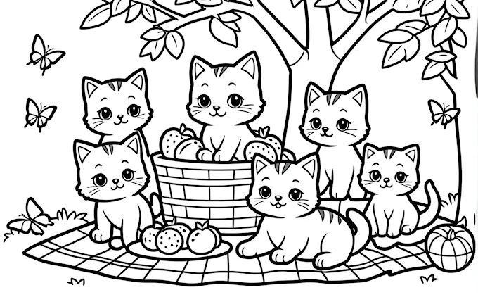 Group of cats in basket under tree with butterflies