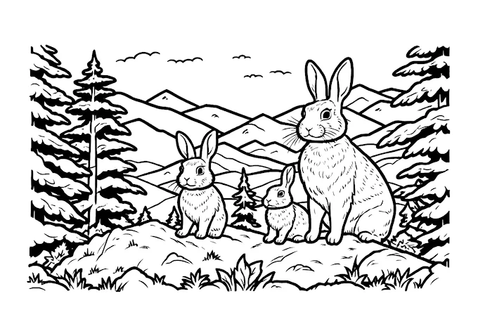 Creative rabbits on snow-covered hillsides coloring page