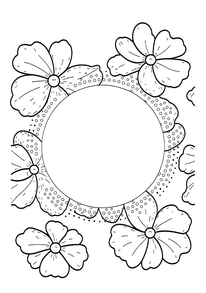 Black and white floral drawing with dotted center circle coloring page