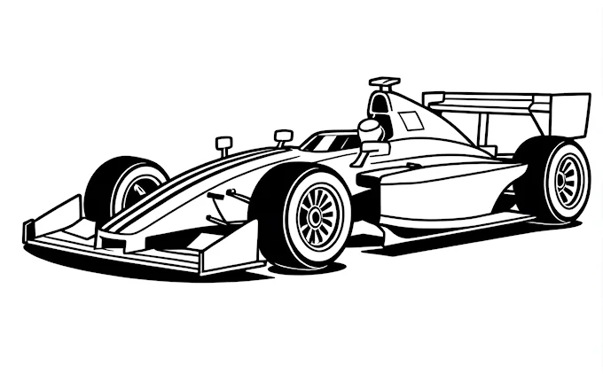Racing car with driver, front wheel drive, track, line art