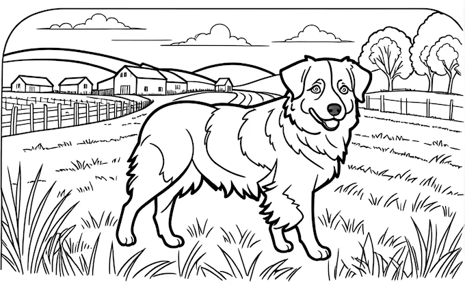 Dog in field with farm and fence in background