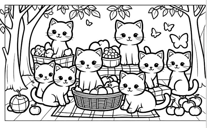 Cats, basket of apples, butterflies in woods, black and white