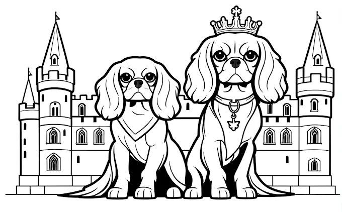 Two dogs with crowns in front of a castle