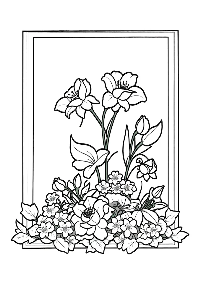 Black and white photograph of floral arrangement coloring page