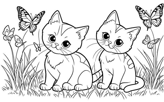 Cat and kitten in grass surrounded by butterflies