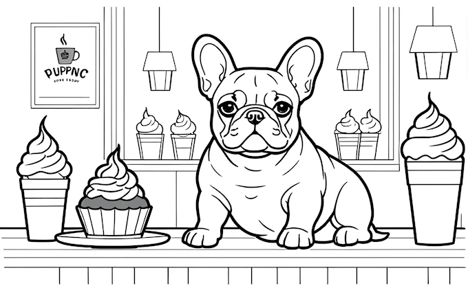 Dog sitting next to cupcakes on table, detailed storybook illustration
