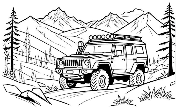Jeep driving through mountains, black and white