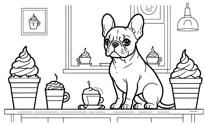 Dog sitting on counter next to cup of coffee and cupcake, window sill in background, line art
