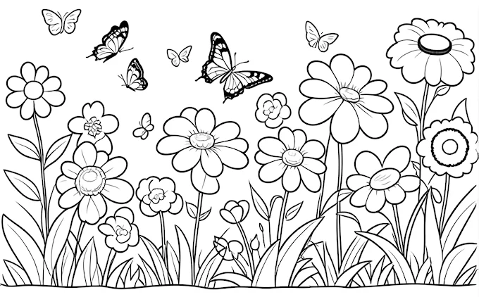 Field of flowers and butterflies, blank space for text