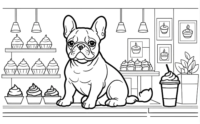Dog sitting in front of cupcake shop with cupcake on counter, adult coloring page