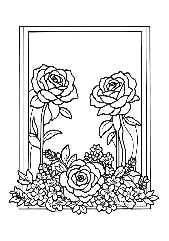 Striking monochromatic floral arrangement coloring page