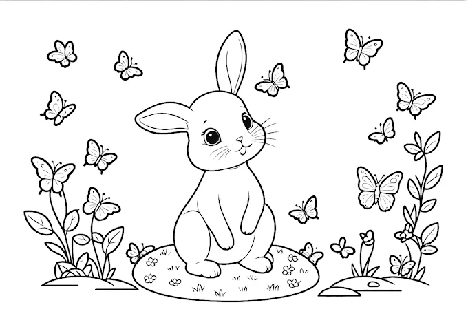 Bunny with butterflies whimsical scene coloring page