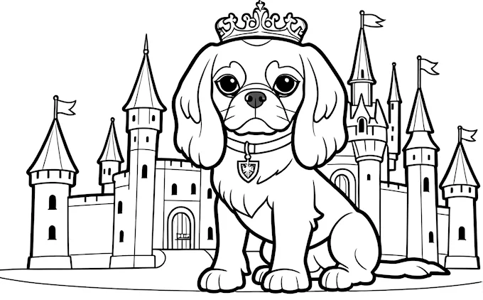 Dog with crown in front of castle