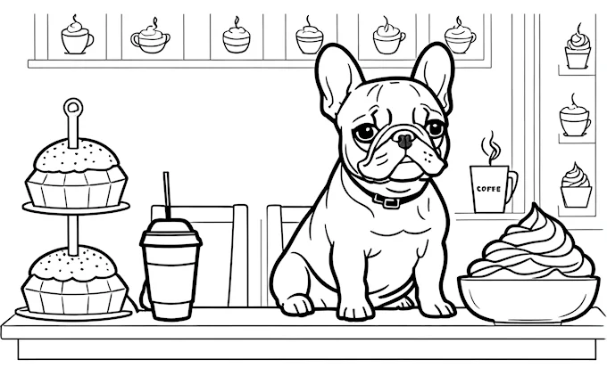 Dog on counter with multiple cupcakes and a drink
