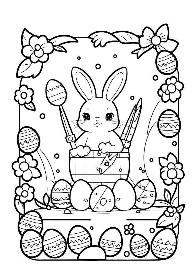 Anime-Style Bunny Rabbit with Scissors Coloring Page