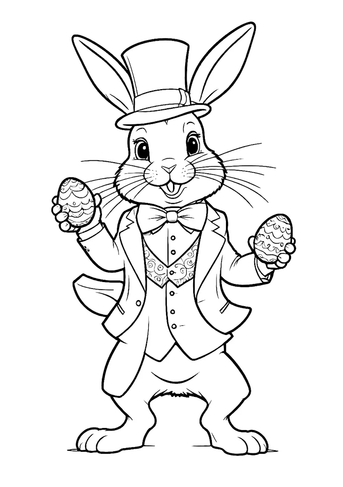 Formally dressed rabbit holding decorated Easter eggs