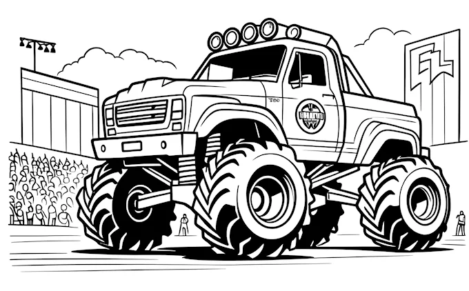Monster truck with big wheels on street, high detail coloring page