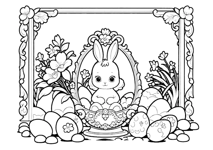 Elegant bunny statue in decorative egg and flower frame photo