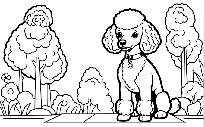 Poodle sitting in grass near trees