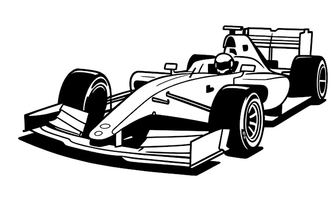 Race car with shadow and front wheel details, black and white line art