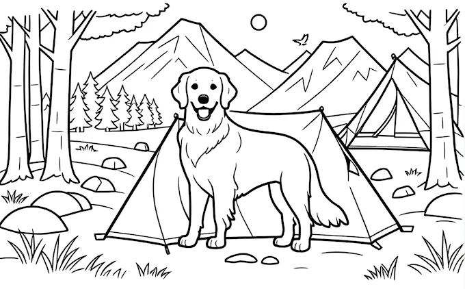 Dog in front of a tent and mountains