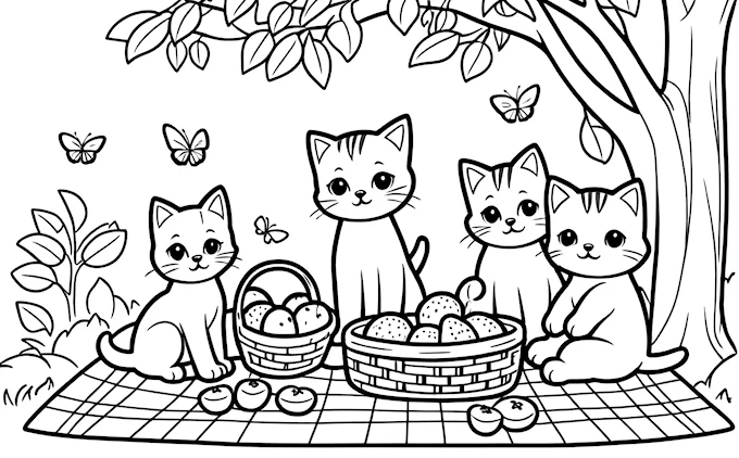 Group of cats on picnic blanket under tree with butterflies