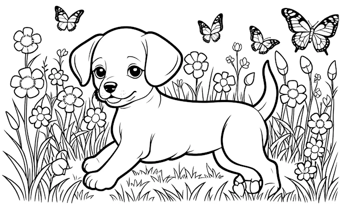 Puppy running through field of flowers and butterflies