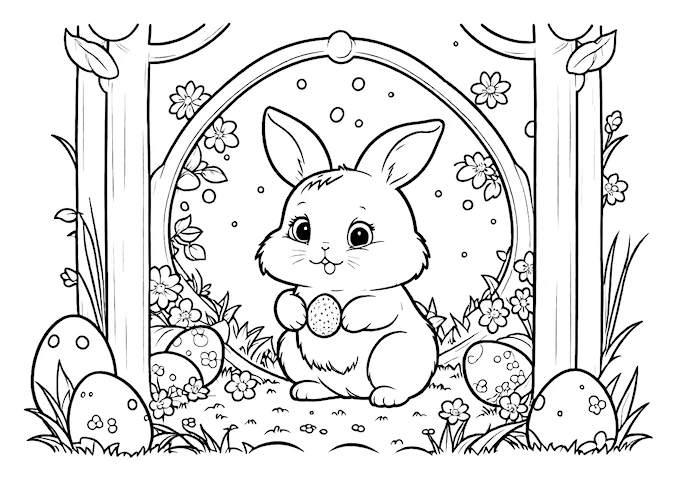 Easter bunny with decorative eggs and flowers coloring page
