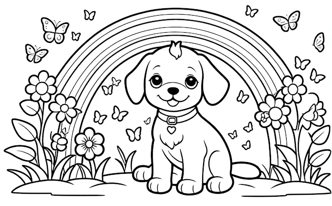 Dog in grass with rainbow, butterflies and flower border, furry art coloring page