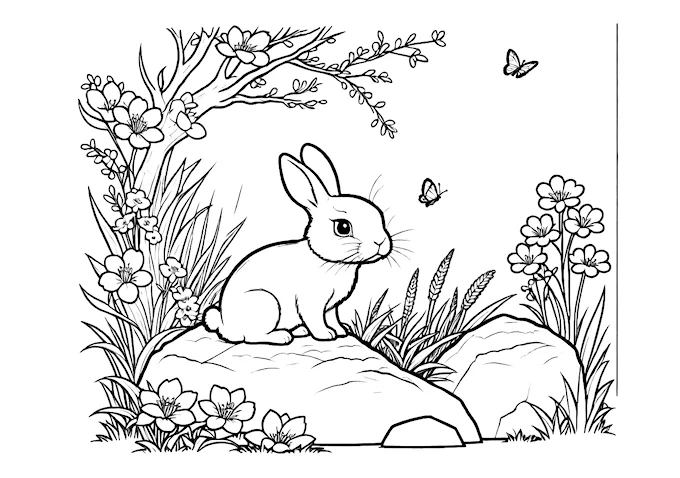 Black and white rabbit with insect in a flowered habitat coloring page