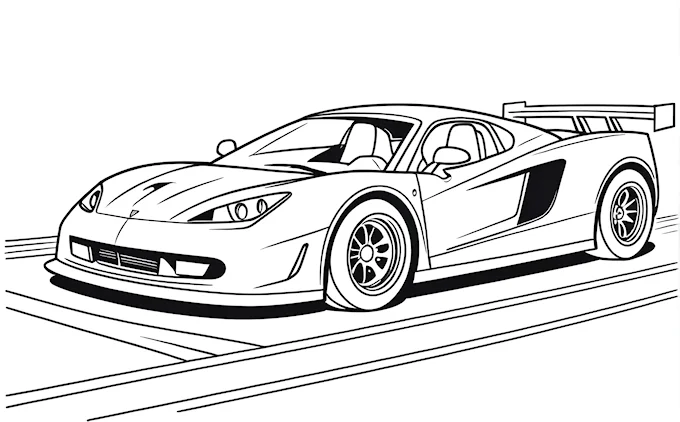 Sports car on track with line drawing effects, lyco art coloring page