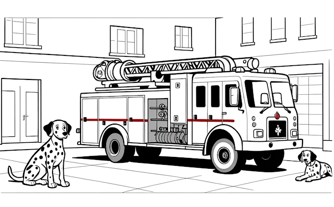 Fire truck, dog and fireman detailed illustration