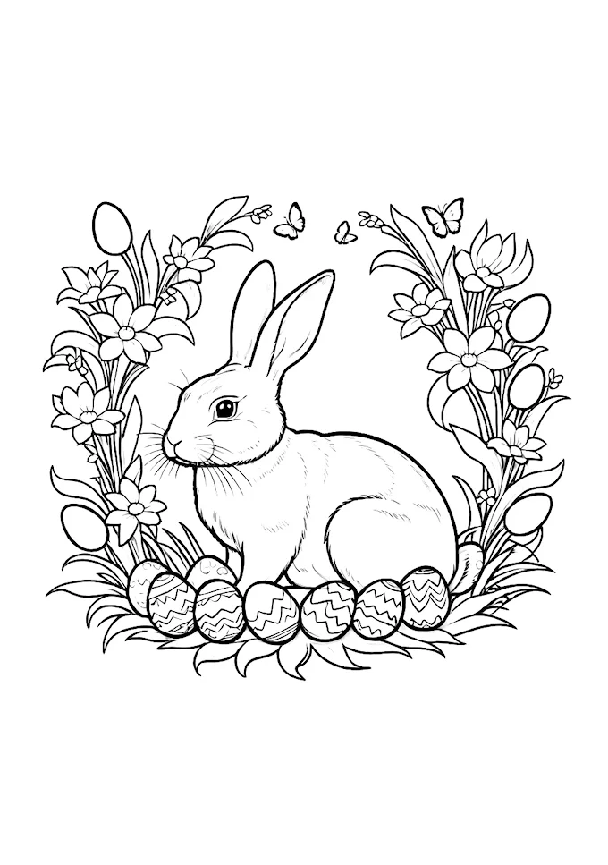 Black and white bunny with Easter eggs in grassy scene