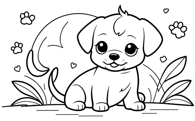 Puppy sitting with hearts and flowers, coloring page