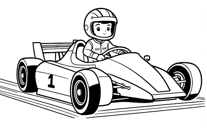 Cartoon race car with driver, helmet on top, black and white