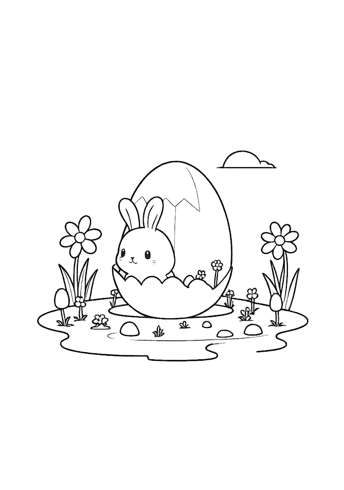 Bunny inside egg with whimsical backdrop