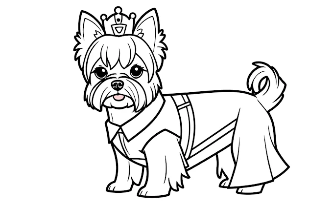 Small dog wearing crown and cape, black and white coloring page