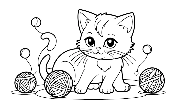 Cat holding a ball of yarn, another yarn ball in background, coloring page