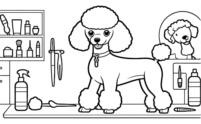 Poodle in bathroom with hair dryer and grooming table
