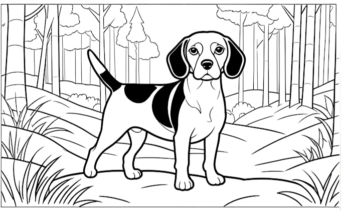Dog standing in woods, black and white, coloring page
