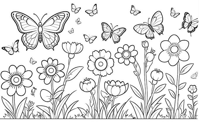 Field of flowers and butterflies, modern European ink painting