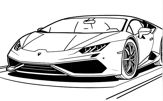 Sports car on road, white background, black outlines, front facing