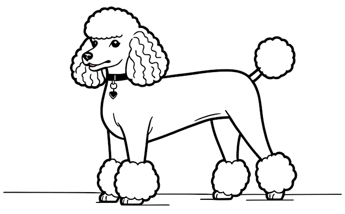 Poodle with unique ears and tail, detailed line drawing