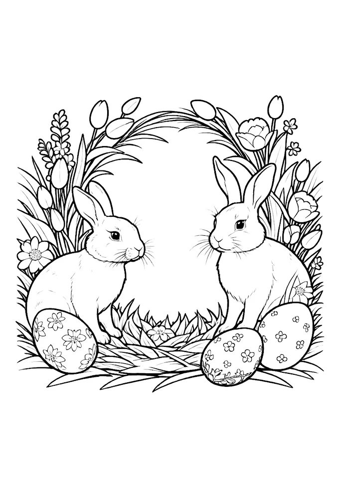 Rabbits in an egg-shaped nest with flowers and plants